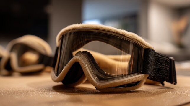 Ski goggles with fuzzy lining, ready for winter sports adventure. Detailed view of ski goggles featuring soft, fuzzy trim dark tinted lenses, suggesting preparation for cold weather activities