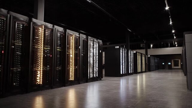 Data center providing high availability, security, and performance for essential technological operations, featuring rows of server racks with active indicator lights