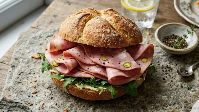 a rosetta sandwich with mortadella seen from above on stone, appetizing food or drink concept for menu, hospitality and lifestyle branding, clean composition, natural light, photorealistic, high