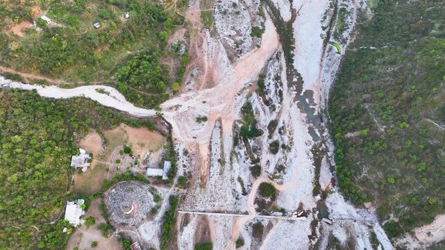 Aerial of dry riverbed in India illustrating drought and climate change. Water scarcity in India South Asia: