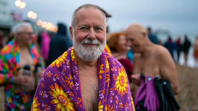 Cold water swimming community changing on shingle beach after morning dip, towels wrapped tight, thermos flasks being passed around, laughter and exhilaration on faces, wet neoprene gloves hanging f