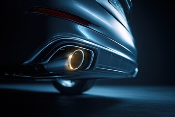 Fototapeta premium Sleek modern car exhaust pipe illuminated with soft lighting highlighting its shiny metallic surface against a dark background in an artistic automotive photo sessio