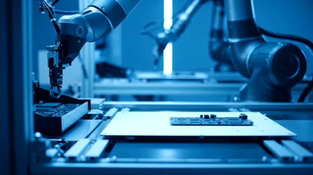 Robotic arms working on circuit board.