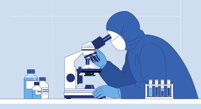 Scientist in protective suit using microscope in laboratory with test tubes and chemicals