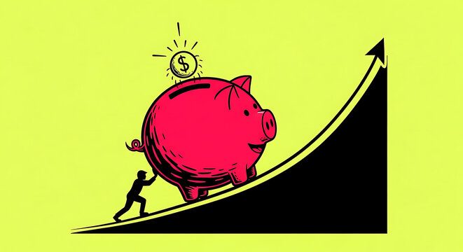 Businessman pushing piggy bank up growing graph.
