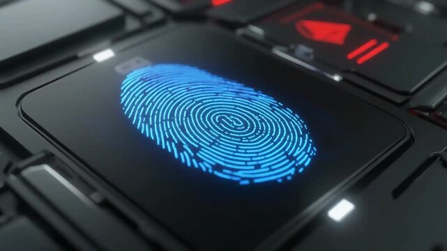 Fingerprint scanner authentication glowing blue on a dark electronic circuit board surface indicating a digital security access warning alert