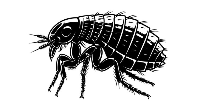 Detailed black and white illustration of a flea insect isolated on white background