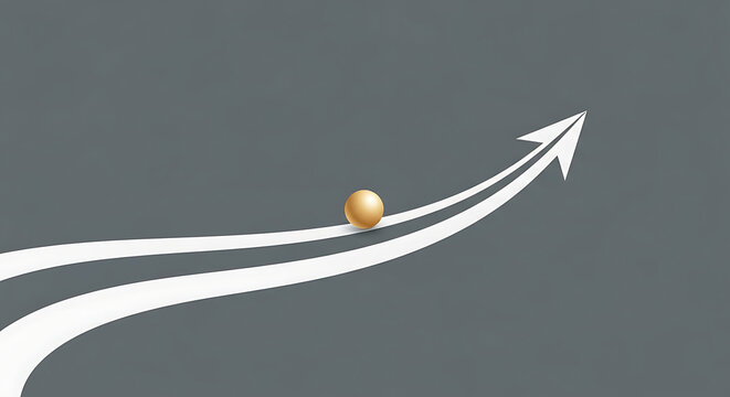 A gold ball on a white curved arrow.