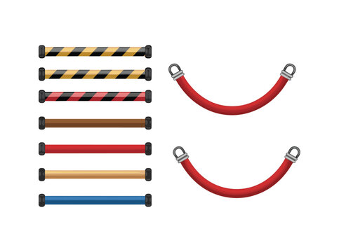 Safety barrier rope collection with striped barricade poles, crowd control equipment, security stanchion design, industrial restriction elements set