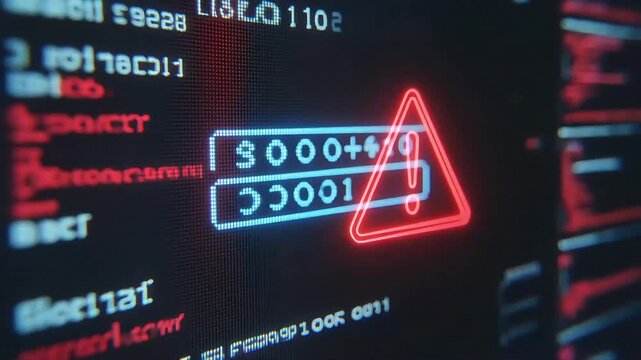 Warning symbol appearing on a digital screen interface while showing abstract data processing and system error notification code