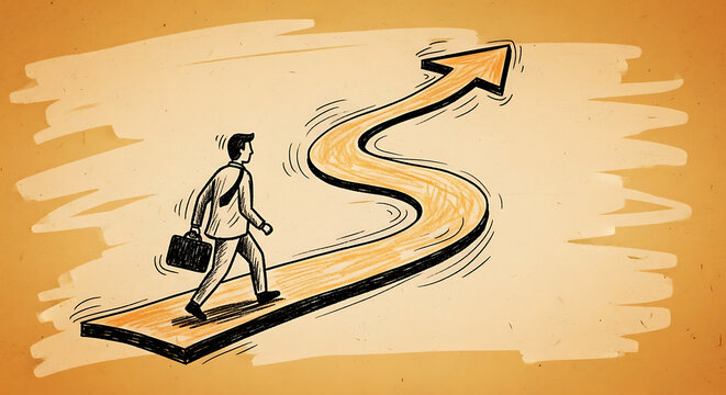 Businessman walking on a winding road to success.