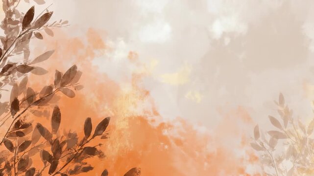 Abstract autumn watercolor background with soft orange and beige tones, featuring delicate leafy branches on the left. Perfect for seasonal designs and modern creative projects
