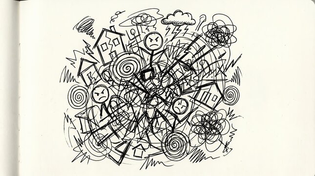 Child Emotional Stress, Family Conflict Impact, Childhood Trauma Concept, Chaotic Representation of Conflict and Impact