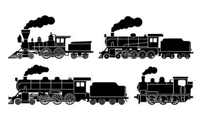 Retro Steam Train Silhouette Vector Set for Railway and Transport Designs © abdul