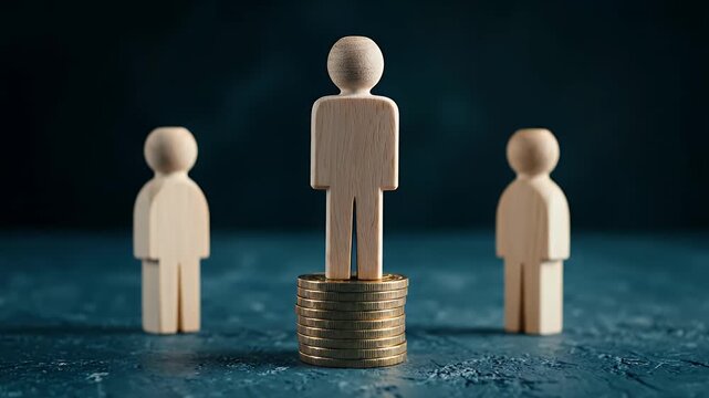 Wealth inequality concept with wooden figures standing on gold coins and dark ground