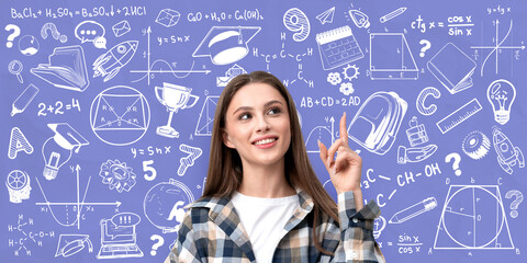 Student posing with education doodles on purple background today
