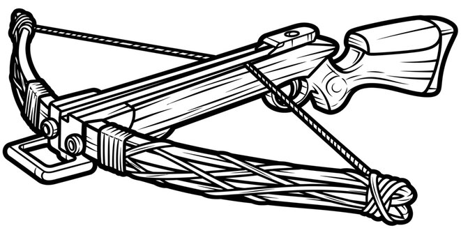 Detailed monochrome illustration of a traditional crossbow weapon ready to fire