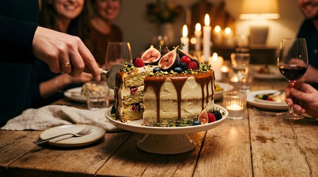 Celebration cake with fresh fruits and nuts is being cut at a dinner party with candles and wine glasses in the background