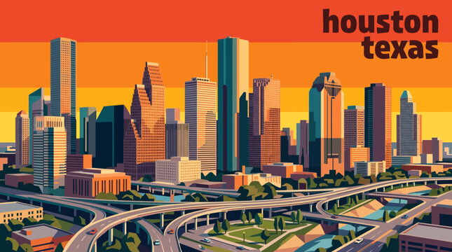 houston texas business city skyline architecture urban downtown travel tourism landmark modern landscape vector illustration