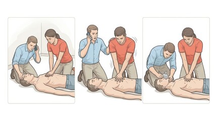Fototapeta na wymiar Rescuers assist a person in need of medical help by performing CPR during a workplace emergency response scenario in a safe environment.