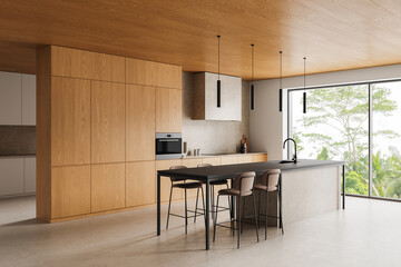 Fototapeta premium Modern minimalist kitchen interior with wood cabinetry, sleek island, tall stools, pendant lighting and large window overlooking greenery in serene space. 3D Rendering