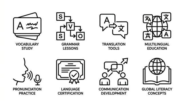 Education Language Learning Concepts Icons.
