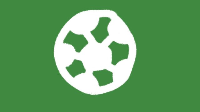White chalk football soccer ball drawn isolated on green screen background. Scribble and squiggly sketch of sports education element concept.