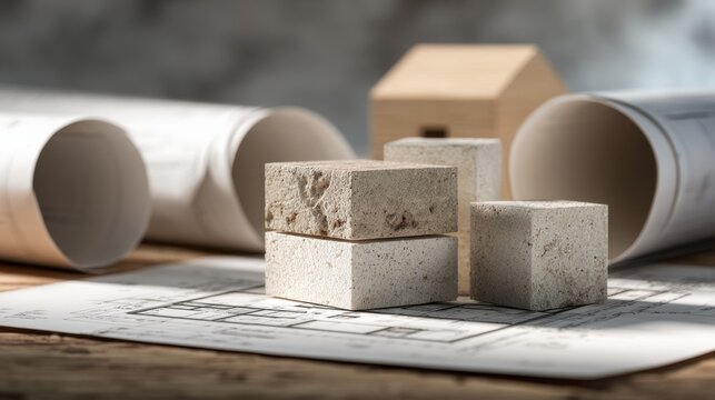 Natural stone material samples placed on architectural blueprints with rolled construction plans and a miniature wooden house model on a wooden table