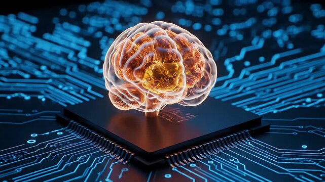 Artificial intelligence brain hovering over a computer chip on a blue circuit board.