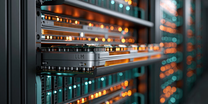 High performance server hardware with illuminated rack lights and gpu module, futuristic data