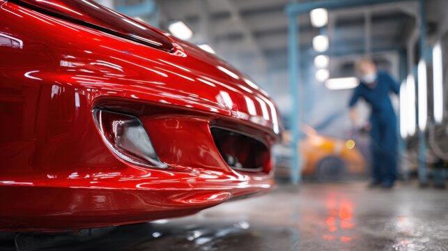 Red sports car bumper in an automotive workshop with technician working on vehicle and blurred industrial garage background lighting setup