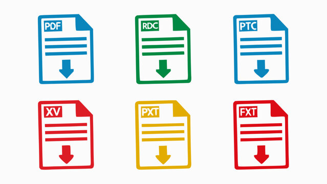 Flat vector set of colorful business file icons with download symbols and different file extensions