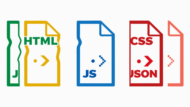 Colorful flat illustration of coding files for web development html css javascript and json
