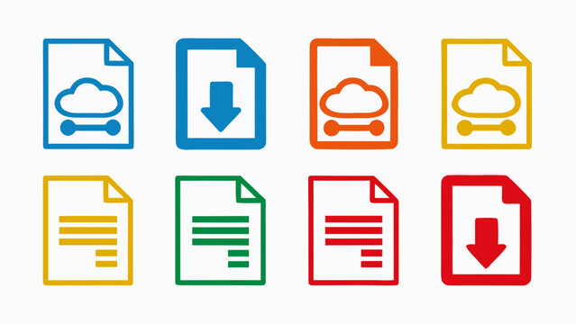Minimal flat icon set of cloud storage file types and documents in blue orange yellow green and red colors on white background