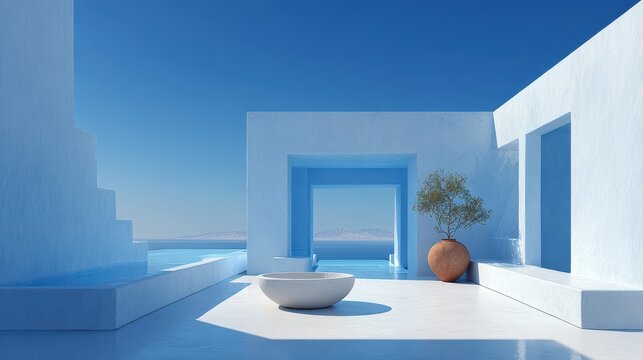 Minimalist Architecture with Ocean View, White Buildings and Blue Sky