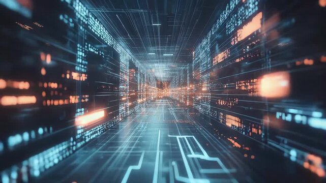 Abstract tunnel with glowing digital data streams and lines, symbolizing advanced technology, big data transfer, and high speed network communication in a cyberspace environment