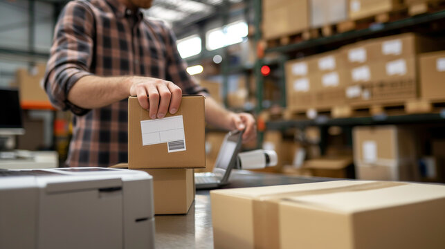 Male fulfillment worker prints shipping labels using thermal label printer beside a laptop at a packing station in warehouse. Concept of ecommerce logistics order fulfillment and shipping operations.