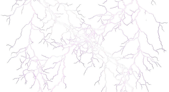 Bright white lightning bolts with purple highlights branching across a solid black background, electrical discharge pattern