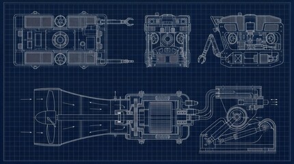 Obraz premium Engineering blueprint showing industrial machinery and robotic mechanism components. Technical drawing on grid paper depicting mechanical system, turbine, and automation equipment design.