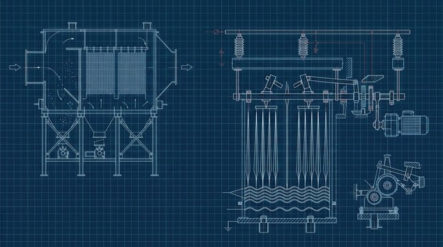 Technical blueprint of industrial filtration equipment on blue background. Engineering schematic drawing of plant air purification system with mechanical components for manufacturing factory.