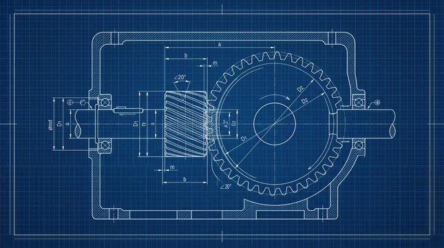 Technical blueprint of a mechanical gear system. Engineering drawing showing helical and spur gear interaction. Industrial machinery design concept for manufacturing and production planning.