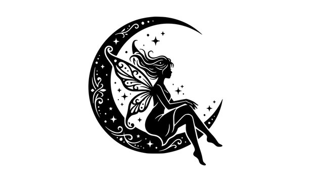 Crescent Moon and Fairy Silhouette Vector with Magical Fantasy Illustration