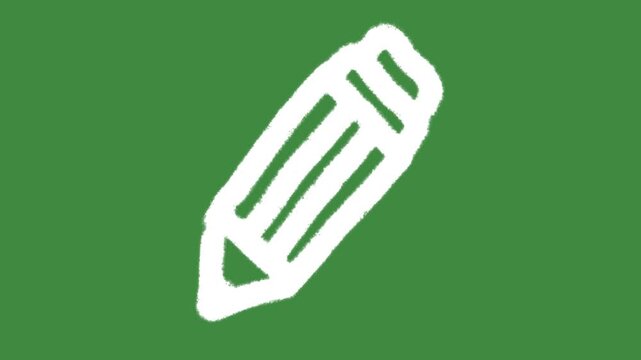 White chalk pencil icon drawn isolated on green screen chalkboard texture background with hand-drawn school pencil symbol for primary education and creative writing element concept.