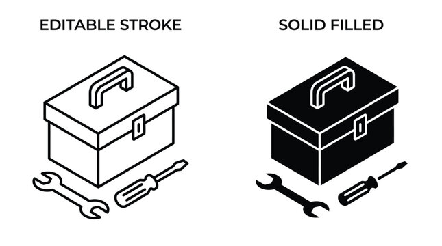 Isometric metal toolbox illustration featuring a wrench and screwdriver as essential professional repair shop equipment tools
