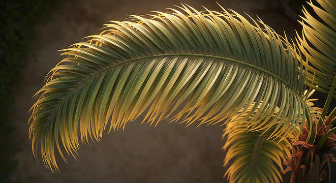 Close-up of a palm frond with sunlight filtering through, creating a warm, tropical ambiance