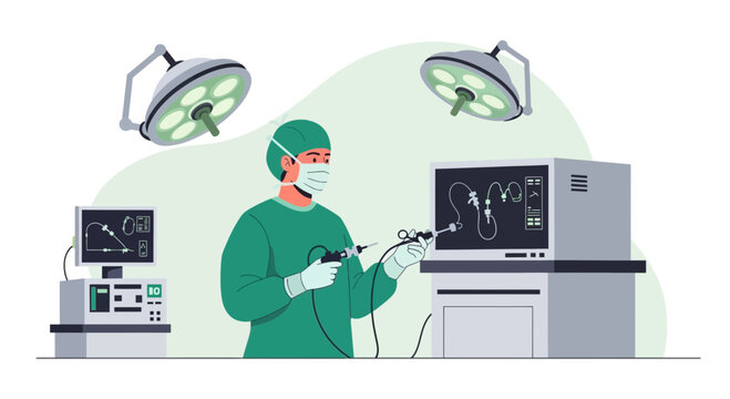 Surgeon performing laparoscopic surgery with advanced medical equipment in operating room