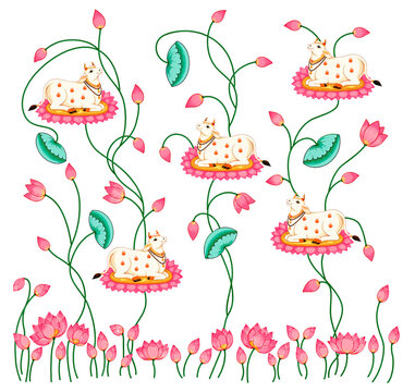 Sacred Cow and Lotus Floral Traditional Indian Seamless Vector Pattern