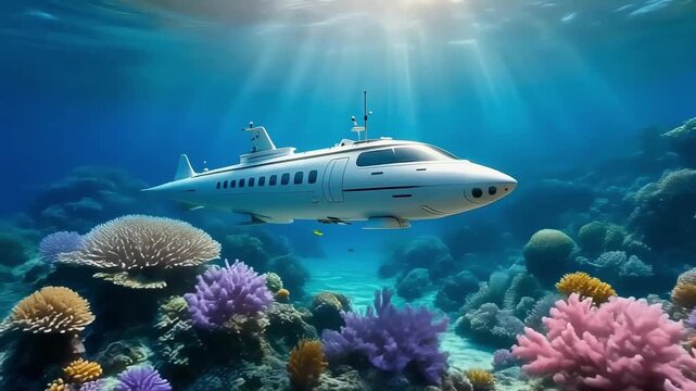 White luxury submarine cruising through a vibrant coral reef in deep blue tropical ocean water cinematic 4k video footage