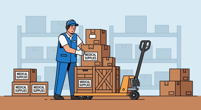 Warehouse worker loading medical supplies onto a pallet jack, logistics and delivery concept