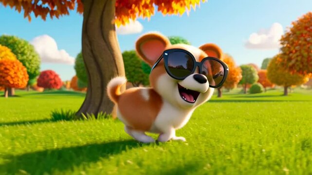 Adorable Corgi Puppy Wearing Sunglasses Running Happily in a Vibrant Autumn Park.